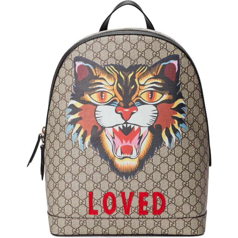 Gucci GG Supreme Angry Cat Backpack Monogram GG Embroidered Cat Beige/Black/Multicolor